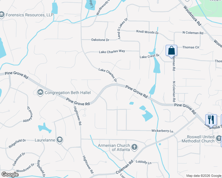 map of restaurants, bars, coffee shops, grocery stores, and more near 600 Pine Grove Rd in Roswell