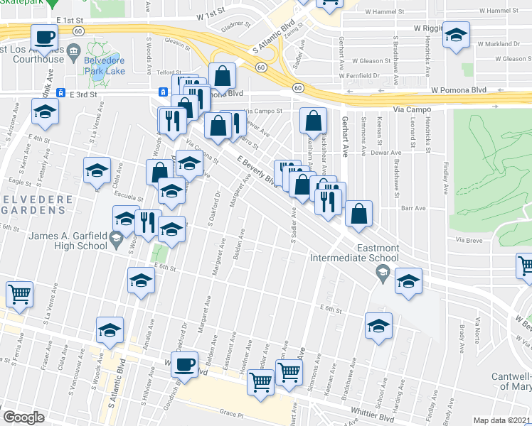 map of restaurants, bars, coffee shops, grocery stores, and more near 5461 Repetto Avenue in East Los Angeles