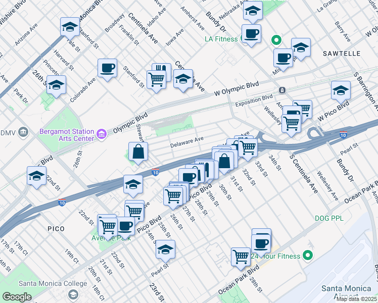 map of restaurants, bars, coffee shops, grocery stores, and more near 2937 Virginia Avenue in Santa Monica