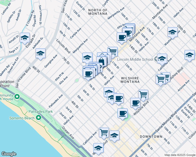 map of restaurants, bars, coffee shops, grocery stores, and more near 817 Lincoln Boulevard in Santa Monica