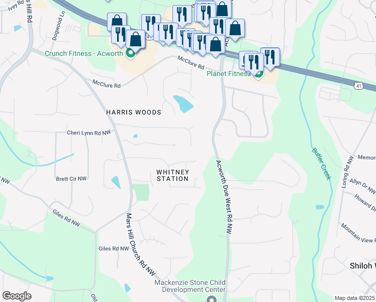 map of restaurants, bars, coffee shops, grocery stores, and more near 4586 Stewart Reilly Drive in Acworth