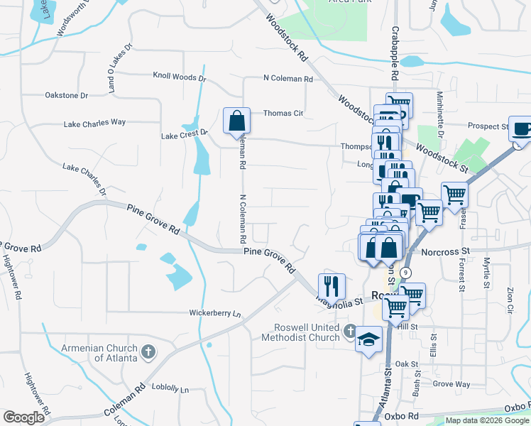 map of restaurants, bars, coffee shops, grocery stores, and more near 270 Windflower Trce in Roswell