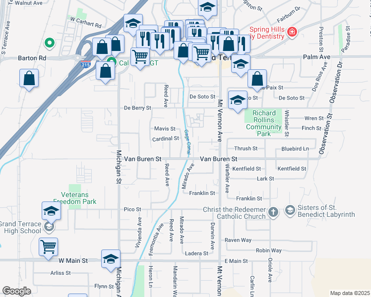 map of restaurants, bars, coffee shops, grocery stores, and more near 12455 Willet Avenue in Grand Terrace