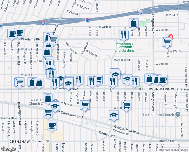 map of restaurants, bars, coffee shops, grocery stores, and more near 2912 West 30th Street in Los Angeles