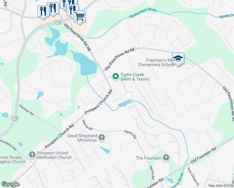 map of restaurants, bars, coffee shops, grocery stores, and more near 1627 Blue Heron Court in Lawrenceville