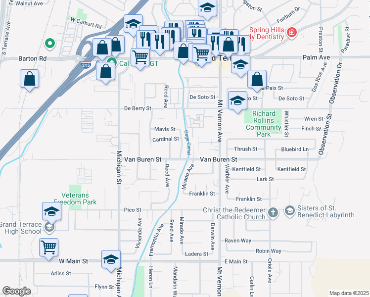 map of restaurants, bars, coffee shops, grocery stores, and more near 12455 Willet Avenue in Grand Terrace