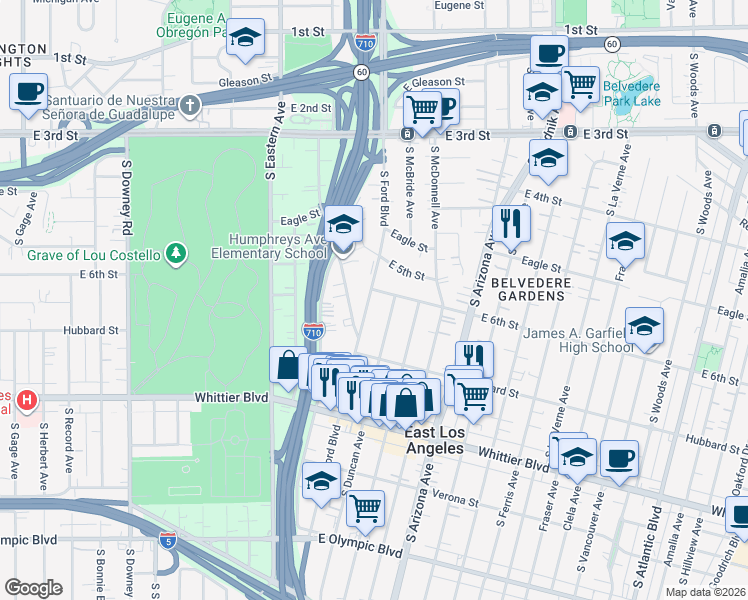 map of restaurants, bars, coffee shops, grocery stores, and more near 617 South Ford Boulevard in East Los Angeles