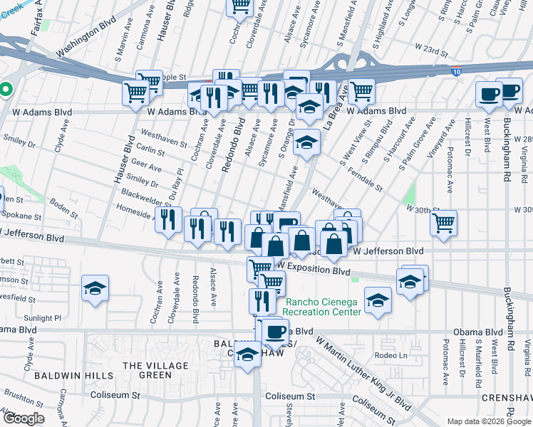 map of restaurants, bars, coffee shops, grocery stores, and more near 5101 Roseland Street in Los Angeles