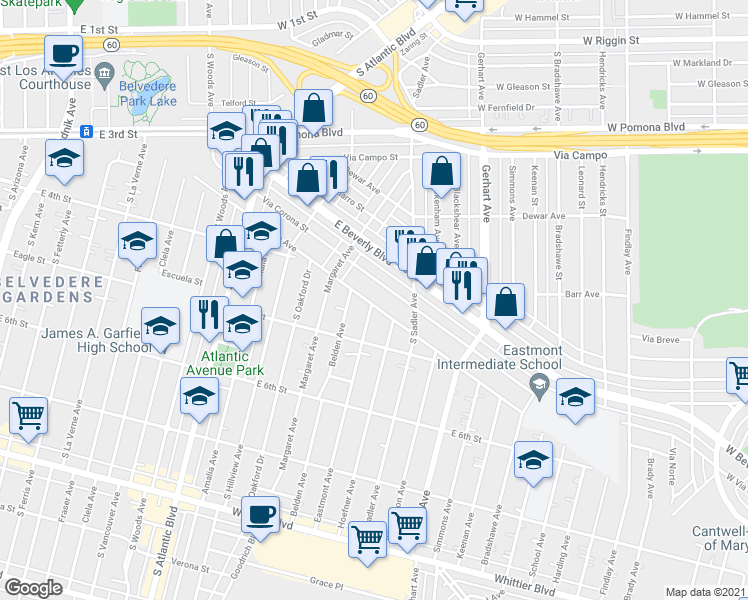 map of restaurants, bars, coffee shops, grocery stores, and more near 5457 Repetto Avenue in East Los Angeles