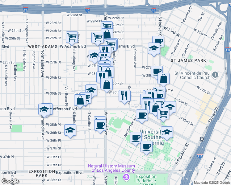 map of restaurants, bars, coffee shops, grocery stores, and more near 1225 West 30th Street in Los Angeles