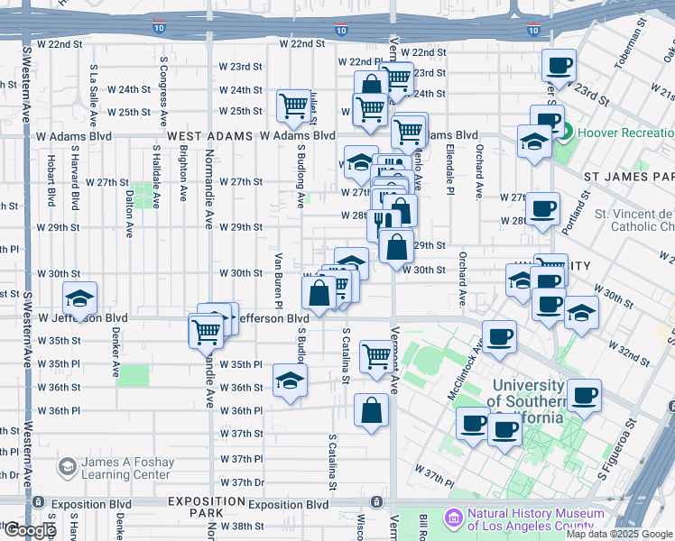map of restaurants, bars, coffee shops, grocery stores, and more near 2938 Walton Avenue in Los Angeles