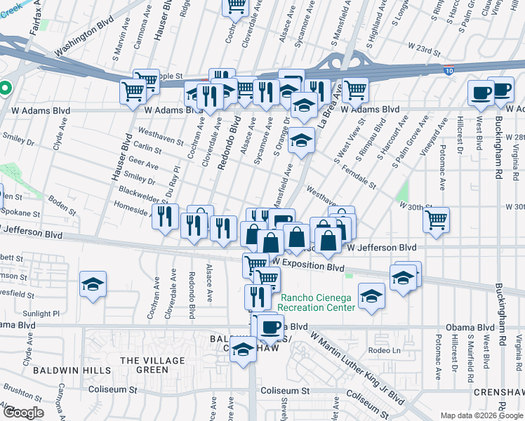 map of restaurants, bars, coffee shops, grocery stores, and more near 5101 Roseland Street in Los Angeles