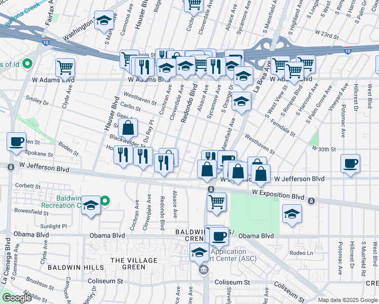 map of restaurants, bars, coffee shops, grocery stores, and more near 2925 Alsace Avenue in Los Angeles