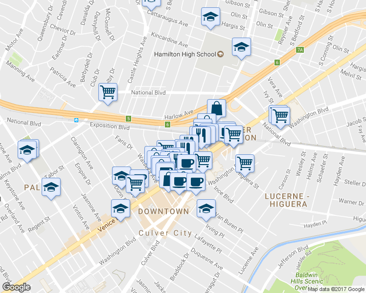 map of restaurants, bars, coffee shops, grocery stores, and more near 3734 South Canfield Avenue in Los Angeles