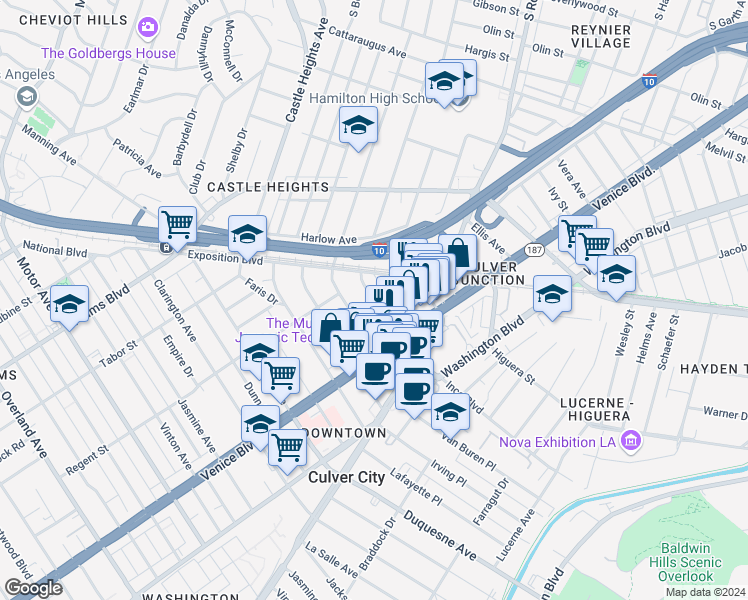 map of restaurants, bars, coffee shops, grocery stores, and more near 3734 South Canfield Avenue in Los Angeles