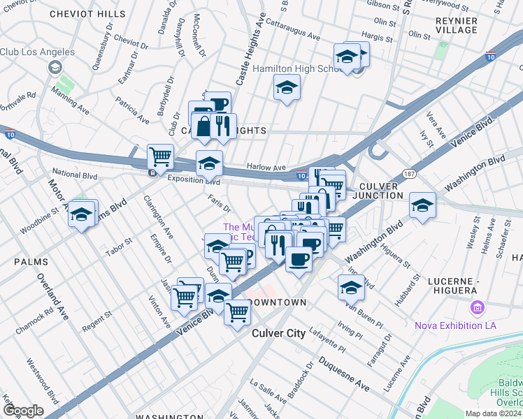 map of restaurants, bars, coffee shops, grocery stores, and more near 3651 Cardiff Avenue in Los Angeles
