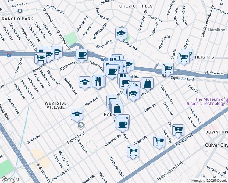 map of restaurants, bars, coffee shops, grocery stores, and more near 3345 Mentone Avenue in Los Angeles