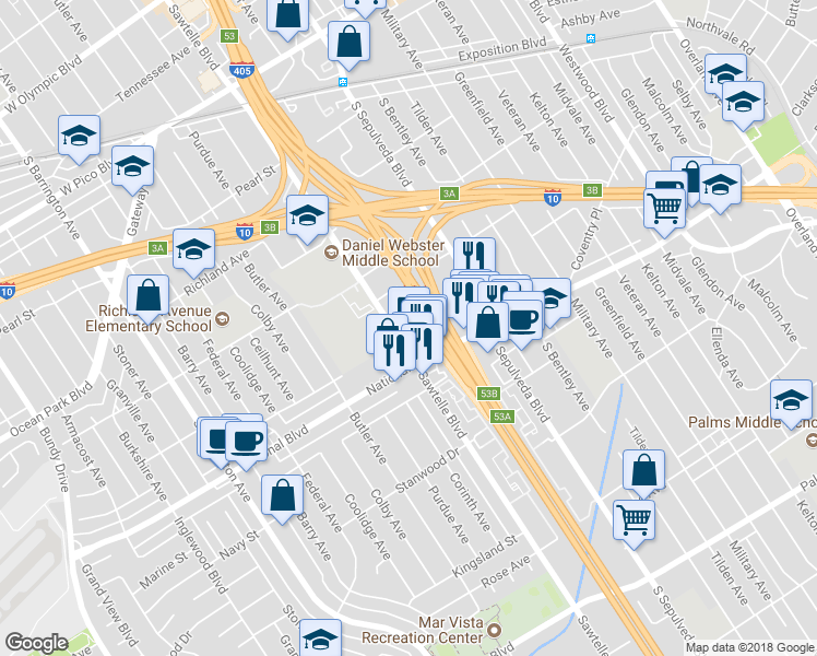 map of restaurants, bars, coffee shops, grocery stores, and more near 2884 Sawtelle Boulevard in Los Angeles