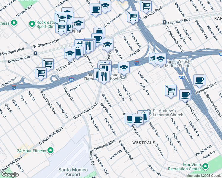 map of restaurants, bars, coffee shops, grocery stores, and more near 2615 Barry Avenue in Los Angeles