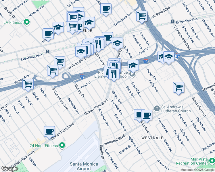 map of restaurants, bars, coffee shops, grocery stores, and more near 2536 Granville Avenue in Los Angeles