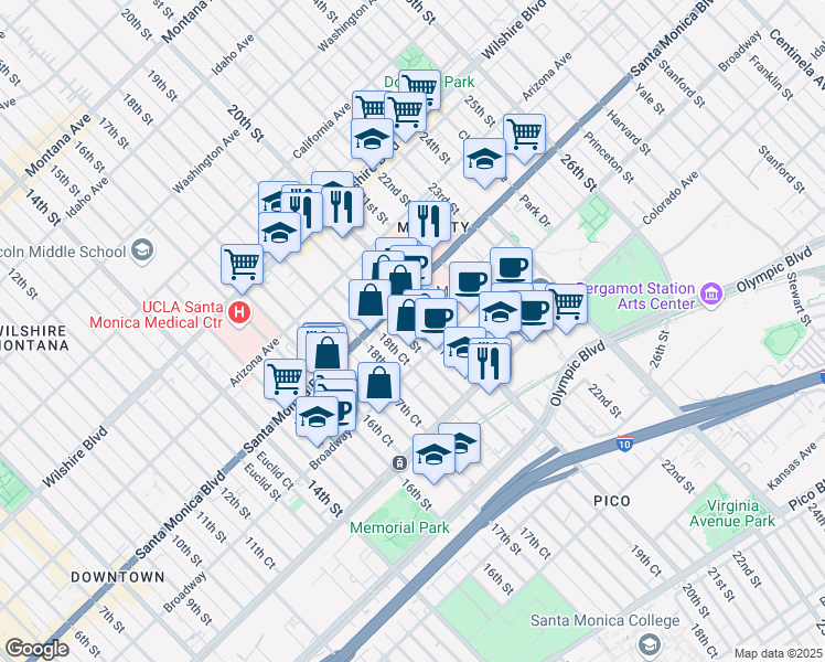 map of restaurants, bars, coffee shops, grocery stores, and more near 1417 19th Street in Santa Monica