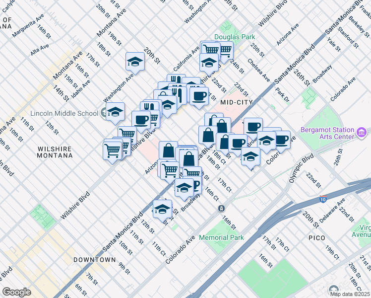 map of restaurants, bars, coffee shops, grocery stores, and more near 1323 17th Street in Santa Monica