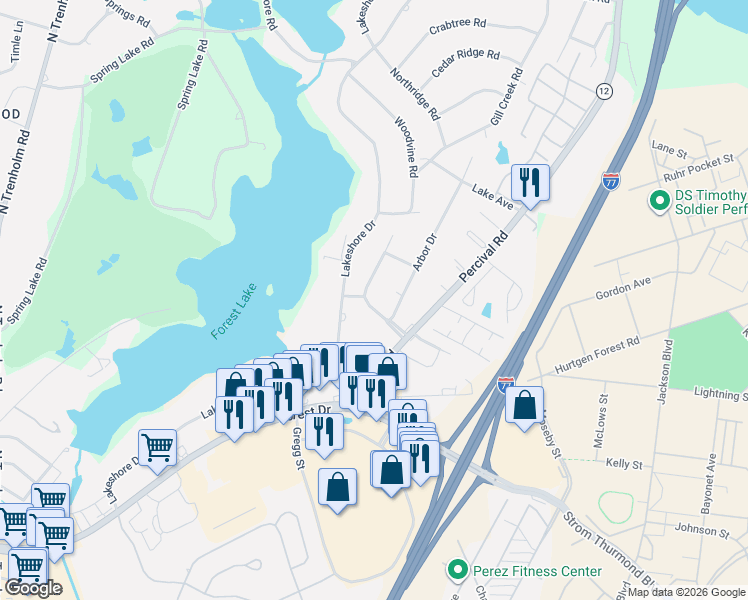 map of restaurants, bars, coffee shops, grocery stores, and more near 204 Partridge Drive in Columbia