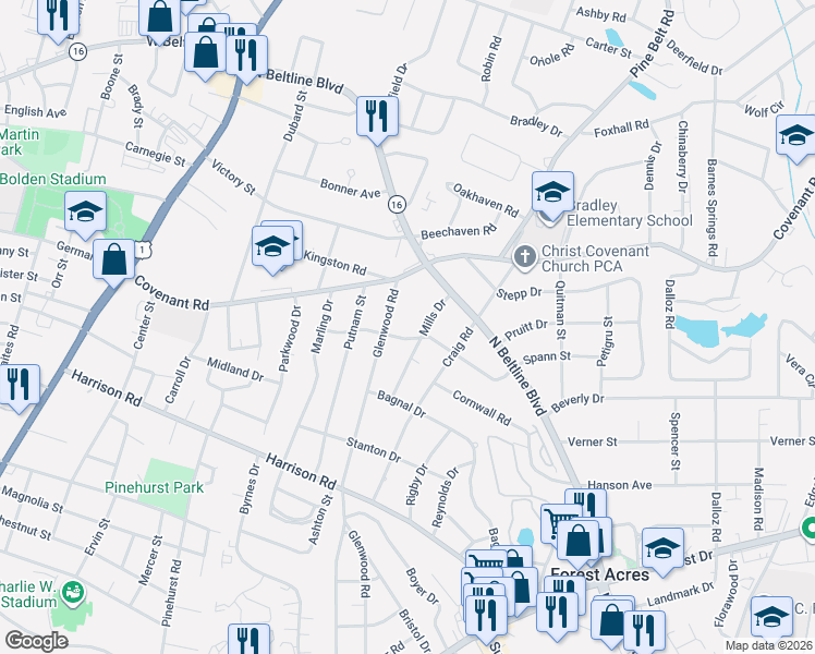 map of restaurants, bars, coffee shops, grocery stores, and more near 2707 Mills Drive in Columbia