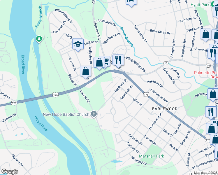 map of restaurants, bars, coffee shops, grocery stores, and more near 1105 Marlboro Street in Columbia