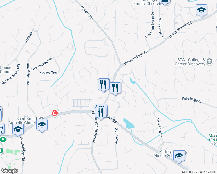 map of restaurants, bars, coffee shops, grocery stores, and more near 9995 Jones Bridge Road in Alpharetta