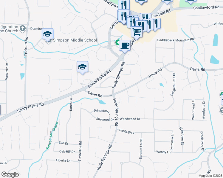 map of restaurants, bars, coffee shops, grocery stores, and more near 3160 Holly Springs Road in Marietta