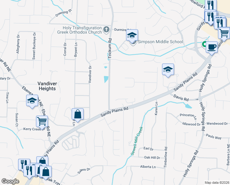 map of restaurants, bars, coffee shops, grocery stores, and more near 3150 Trickum Road in Marietta
