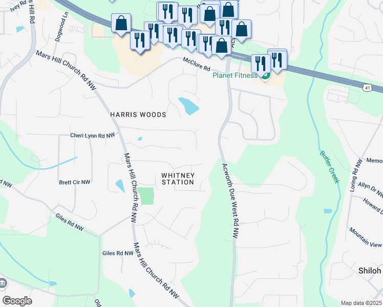 map of restaurants, bars, coffee shops, grocery stores, and more near 4586 Stewart Reilly Drive in Acworth