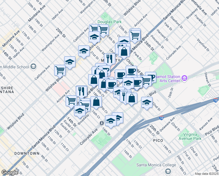 map of restaurants, bars, coffee shops, grocery stores, and more near 1450 20th Street in Santa Monica