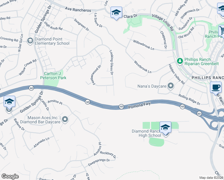 map of restaurants, bars, coffee shops, grocery stores, and more near 533 Looking Glass Drive in Diamond Bar
