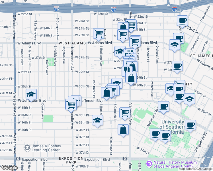 map of restaurants, bars, coffee shops, grocery stores, and more near 2943 Walton Avenue in Los Angeles
