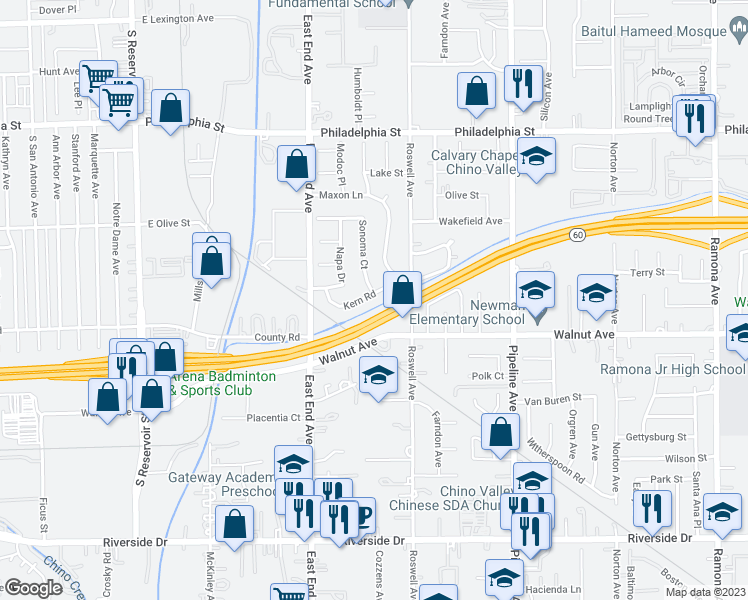 map of restaurants, bars, coffee shops, grocery stores, and more near 3811 Kern Road in Chino