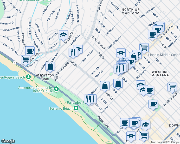 map of restaurants, bars, coffee shops, grocery stores, and more near 416 Marguerita Avenue in Santa Monica