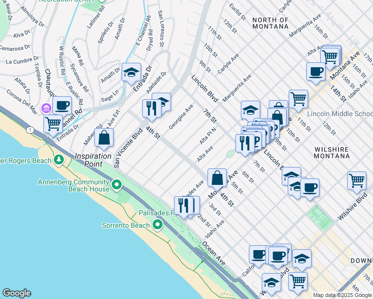 map of restaurants, bars, coffee shops, grocery stores, and more near 416 Marguerita Avenue in Santa Monica