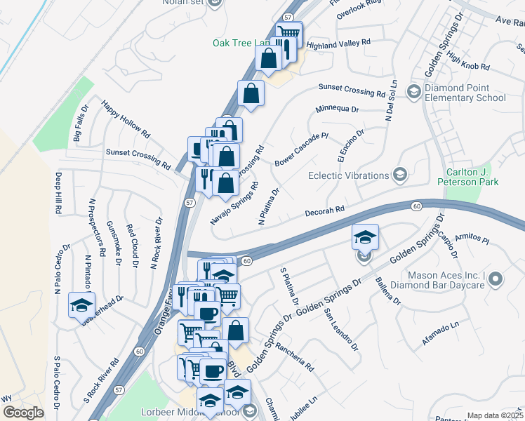 map of restaurants, bars, coffee shops, grocery stores, and more near 233 North Platina Drive in Diamond Bar