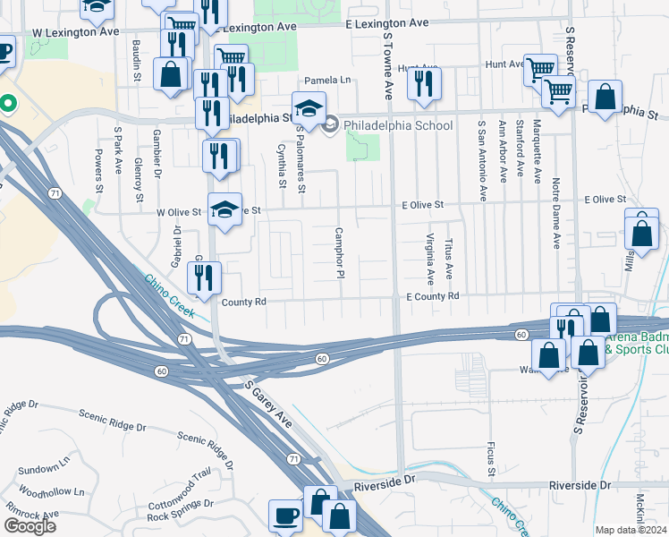 map of restaurants, bars, coffee shops, grocery stores, and more near 650 Ralph Court in Pomona