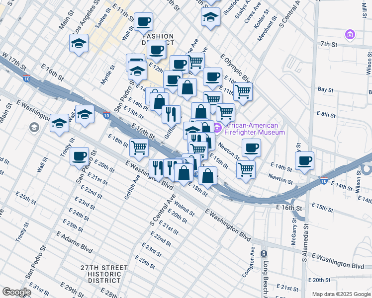 map of restaurants, bars, coffee shops, grocery stores, and more near 1525 Essex Street in Los Angeles