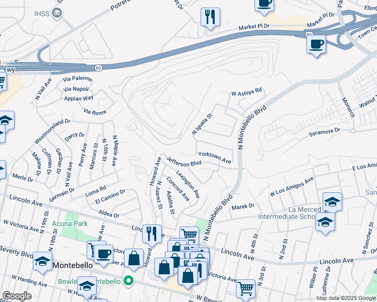 map of restaurants, bars, coffee shops, grocery stores, and more near 1010 Yorktown Avenue in Montebello