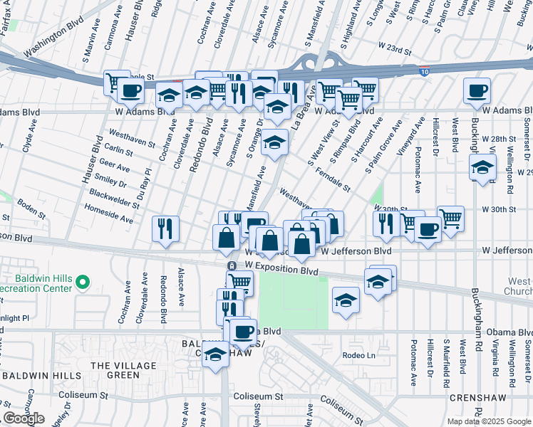 map of restaurants, bars, coffee shops, grocery stores, and more near 2946 South La Brea Avenue in Los Angeles