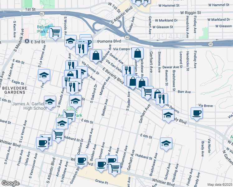 map of restaurants, bars, coffee shops, grocery stores, and more near 5461 Repetto Avenue in East Los Angeles
