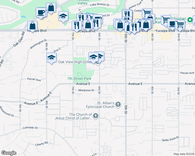 map of restaurants, bars, coffee shops, grocery stores, and more near 12448 6th Street in Yucaipa