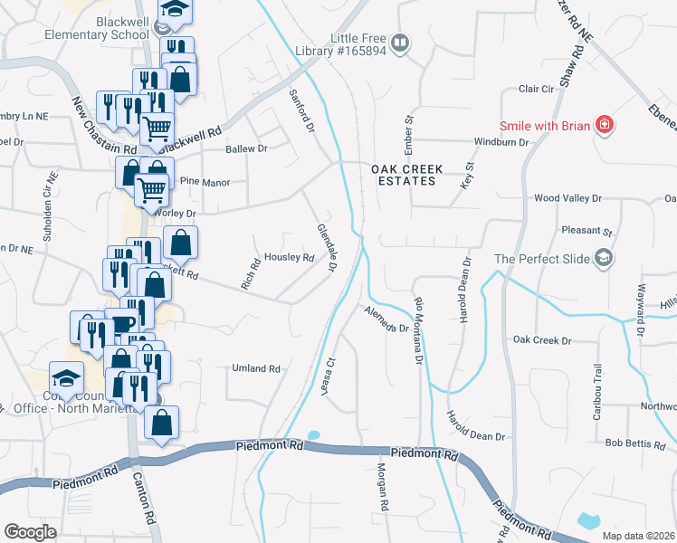 map of restaurants, bars, coffee shops, grocery stores, and more near 1070 Brackett Road in Marietta