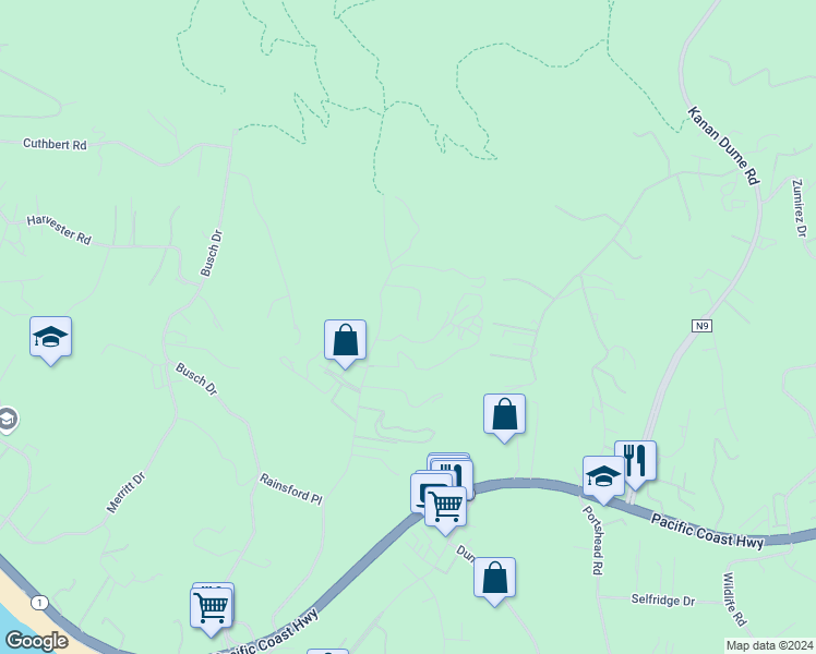 map of restaurants, bars, coffee shops, grocery stores, and more near 5838 Bonsall Drive in Malibu