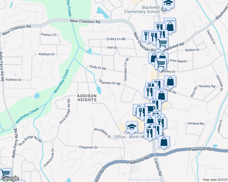 map of restaurants, bars, coffee shops, grocery stores, and more near 3202 Vickery Drive Northeast in Marietta