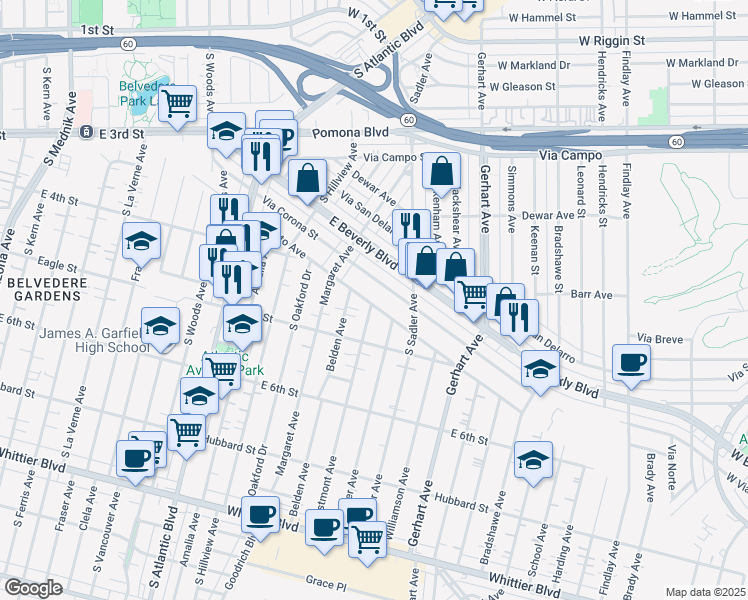 map of restaurants, bars, coffee shops, grocery stores, and more near 5461 Repetto Avenue in East Los Angeles